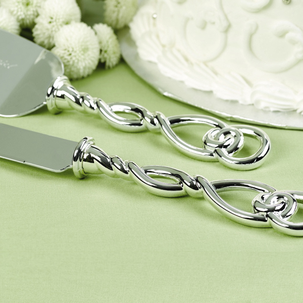 Set de pala y cuchillo para pastel de boda "Nudos en Plata"