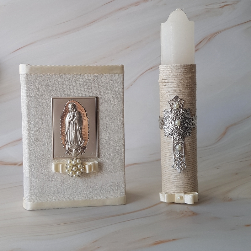 Biblia Virgen con flores en Plata Italiana y cirio con cruz