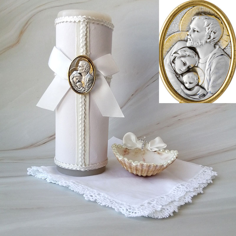 Kit de bautizo estampa plata italiana Sagrada Familia oval