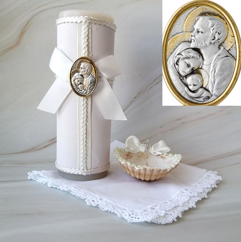 Kit de bautizo con placa italiana Sagrada Familia oval Ondine Collection