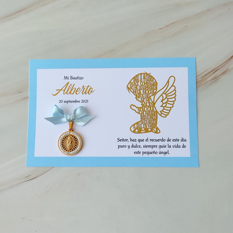 Bolo para niño angelito con foil y medalla de Virgen de Guadalupe