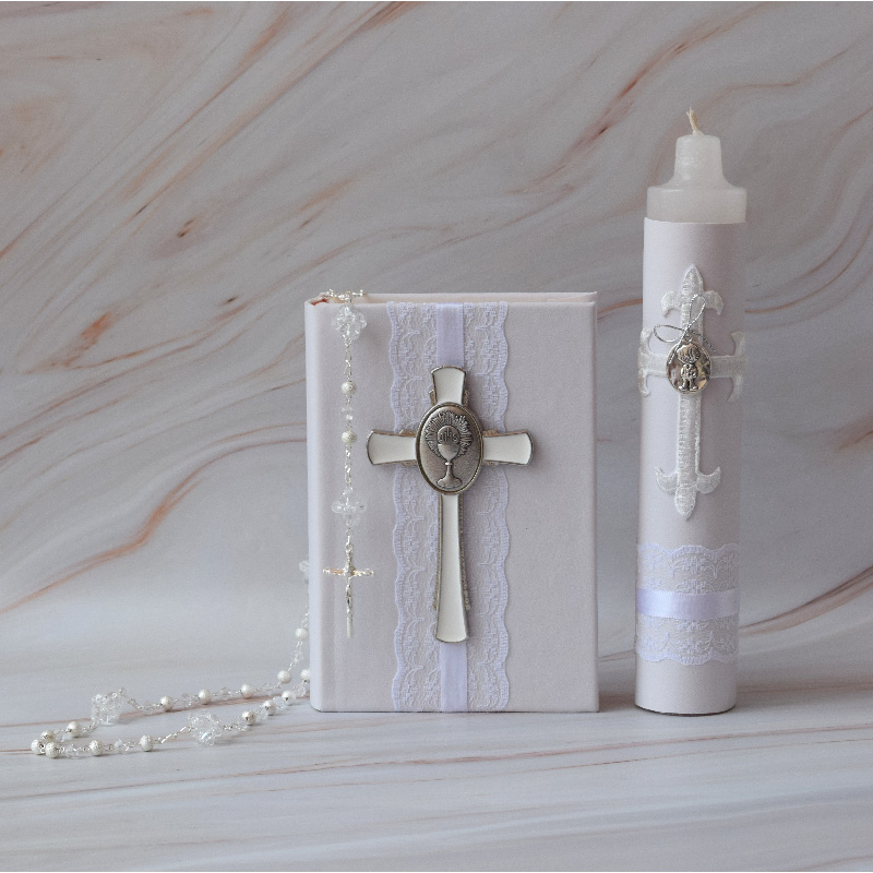 Biblia y Vela, Primera Comunión Cruz de Cáliz Ondine Collection