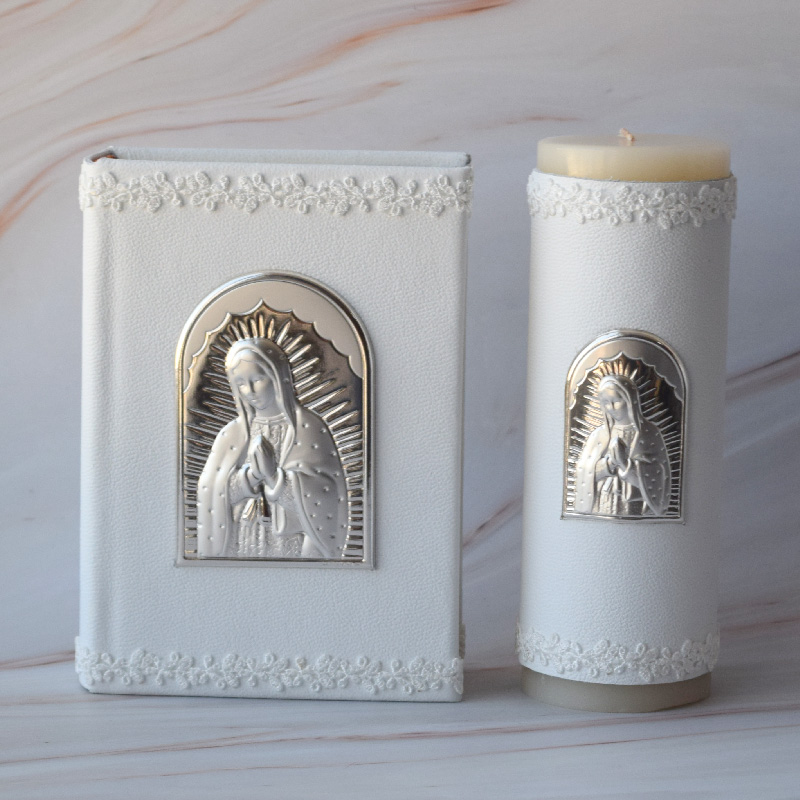 Biblia y Cirio para Boda con Placa Italiana de la Virgen de Guadalupe “Luz de mi corazón”