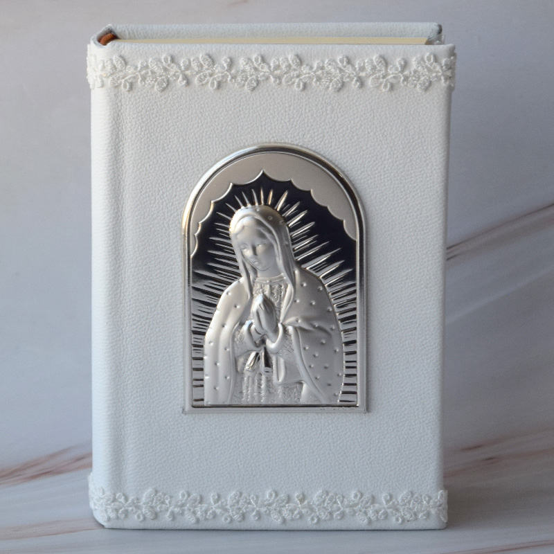 Biblia y Cirio para Boda con Placa Italiana de la Virgen de Guadalupe “Luz de mi corazón”