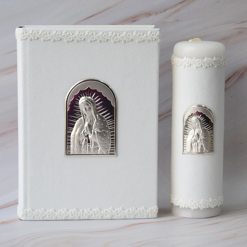 Biblia de Boda Grande y Cirio, piel y plata italiana, Virgen de Guadalupe