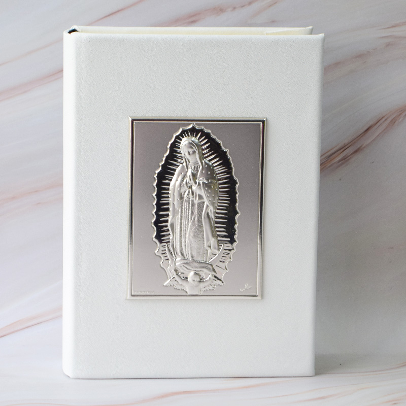 Biblia Grande con imagen de la Virgen de Guadalupe en Plata, piel genuina