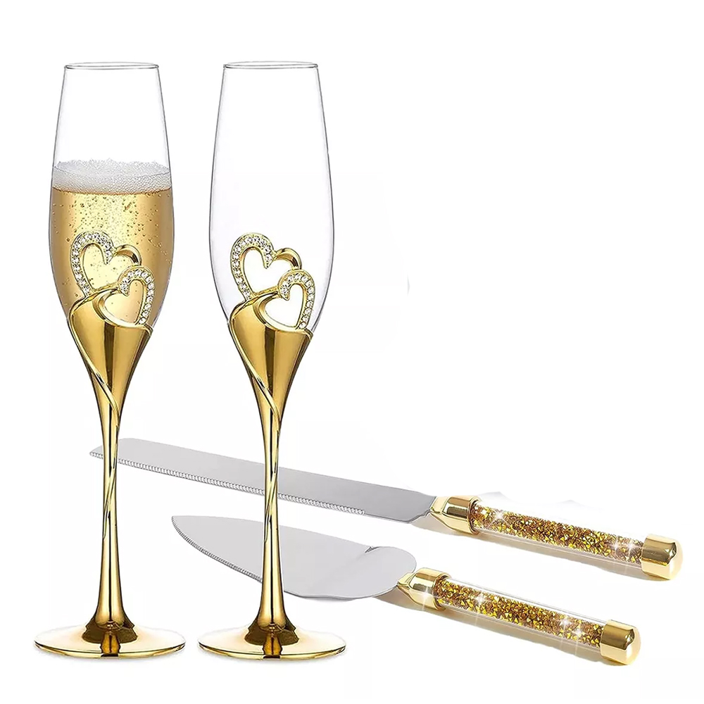 Juego Copas para Boda Doradas, con Pala y Cuchillo de Boda