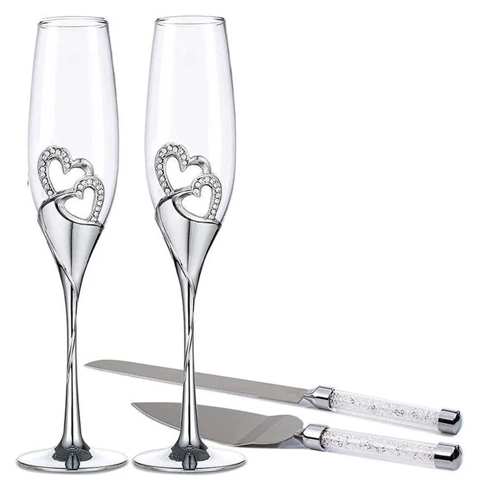 Juego de Copas, Pala y Cuchillo para Boda Plateado