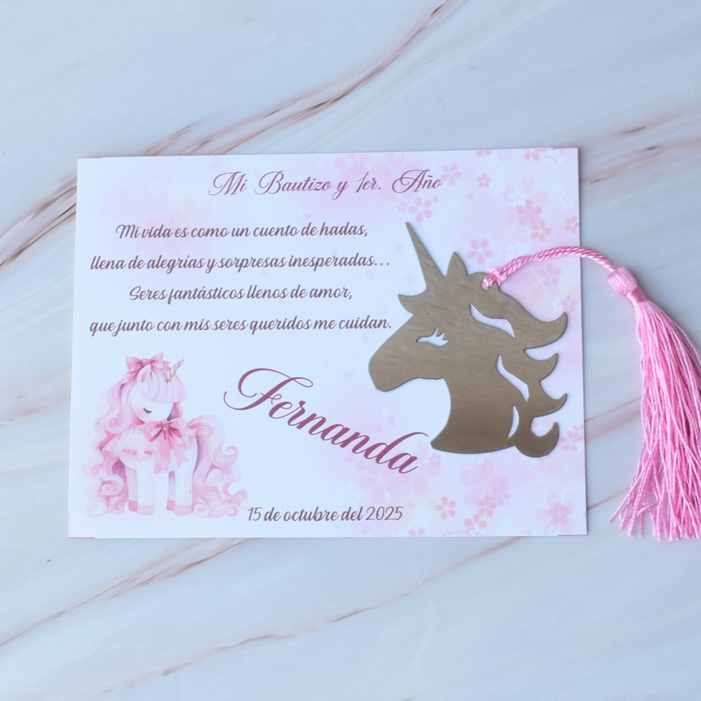 Separador de Libros de Unicornio en Tarjeta, Niña, Bautizo