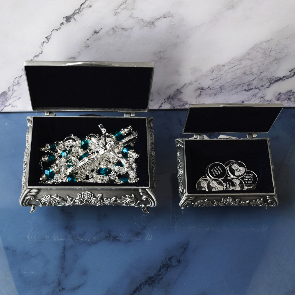 Lazo para boda Destellos de Mar con Arras de la Virgen de Guadalupe Busto 18mm + cofres “Hermes”