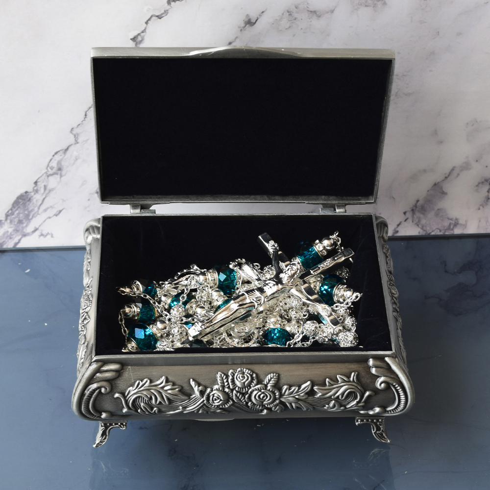 Lazo para boda Destellos de Mar con Arras de la Virgen de Guadalupe Busto 18mm + cofres “Hermes”