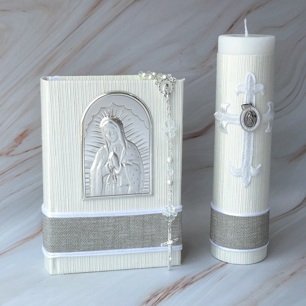 Biblia, Cirio y Rosario, decorado en Plata Italiana