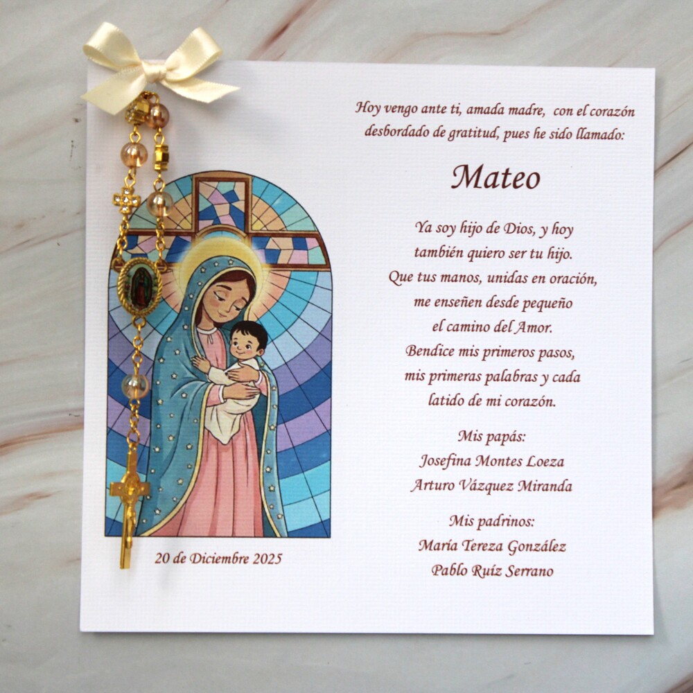 Bolo con decenario dorado, Virgen Maria.