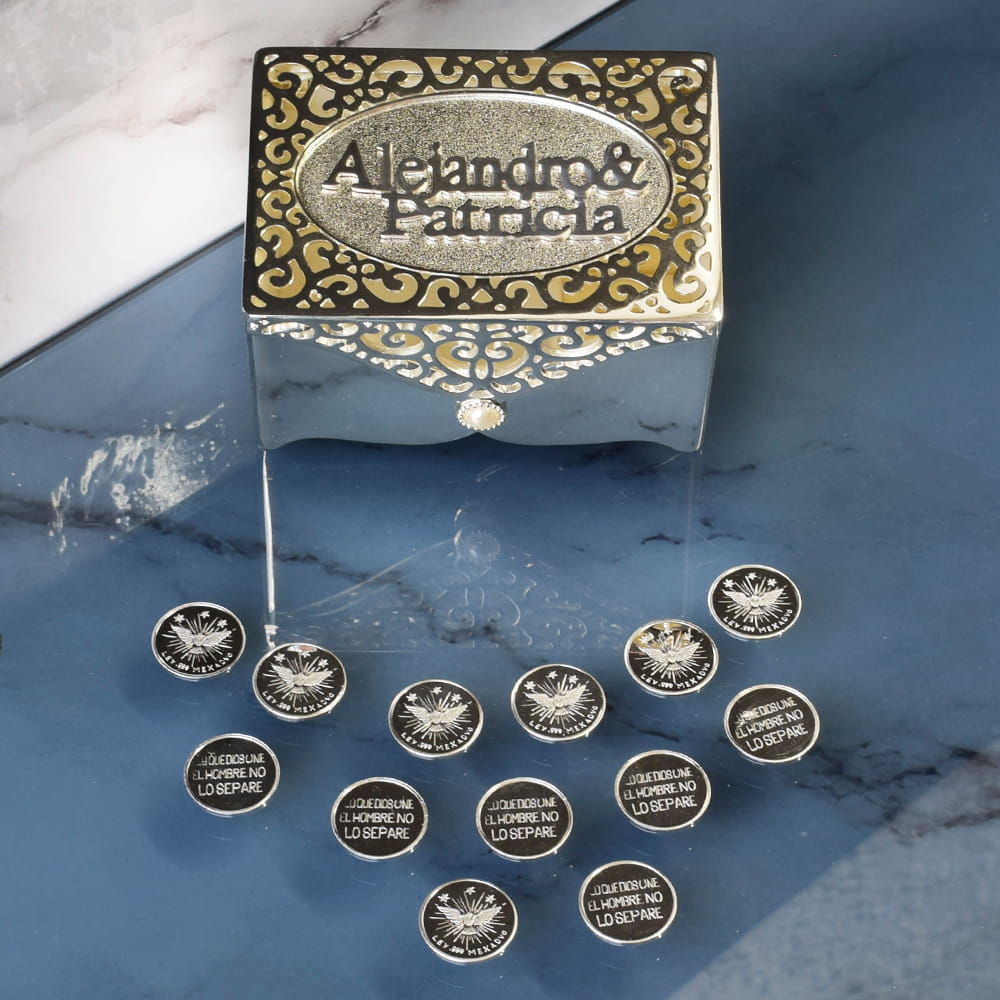 Cofre Luxor personalizado para boda con Arras Espíritu Santo Plata pura, 18 mm.