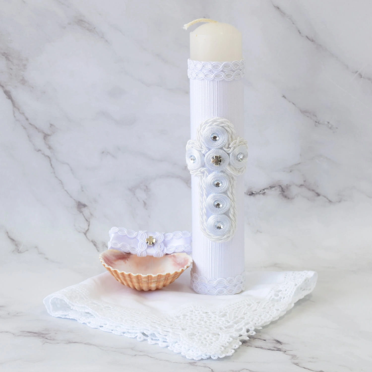 Kit de Bautizo Cruz Trenzada con Destellos Finos