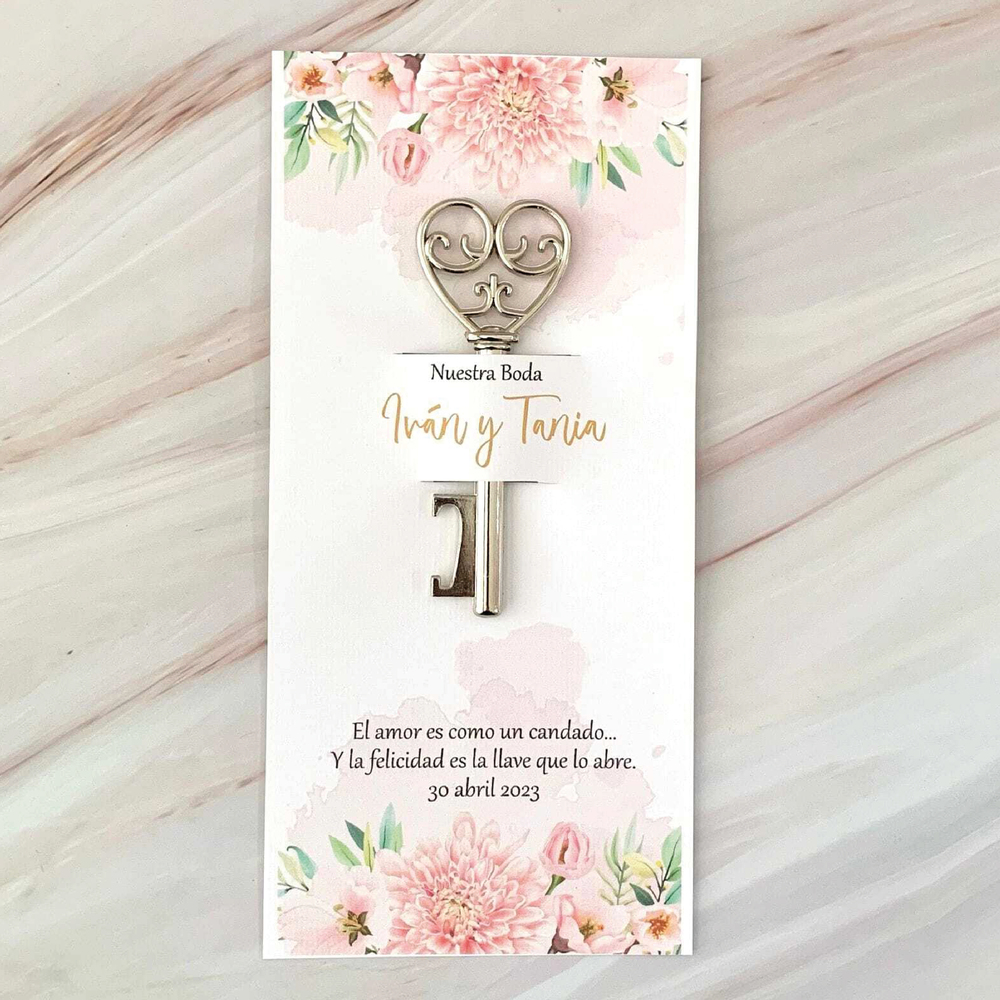 Recuerdo de Boda Personalizado, Destapador Llave de mi corazón Floral