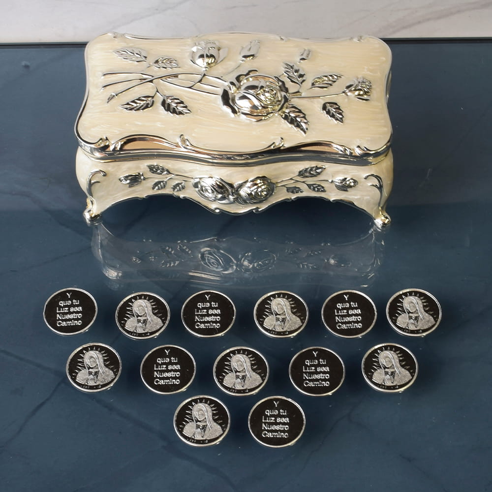 Arras para Boda, Plata, Virgen de Guadalupe rostro, con estuche nácar