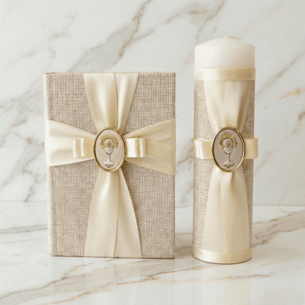 Biblia y Cirio Comunión, Cáliz,  Plata Italiana