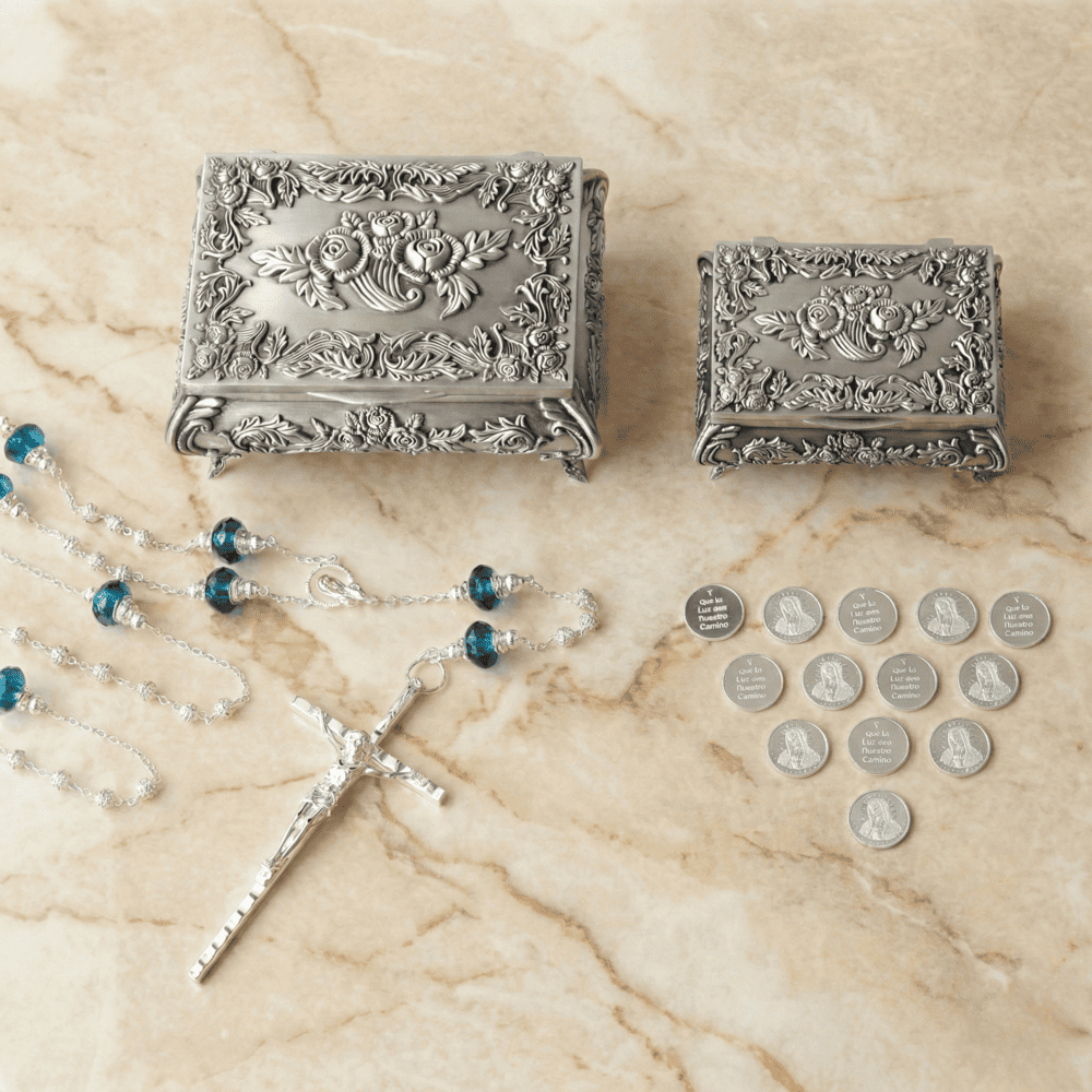 Lazo para boda destellos de Mar, arras Plata Virgen de Guadalupe , cofres