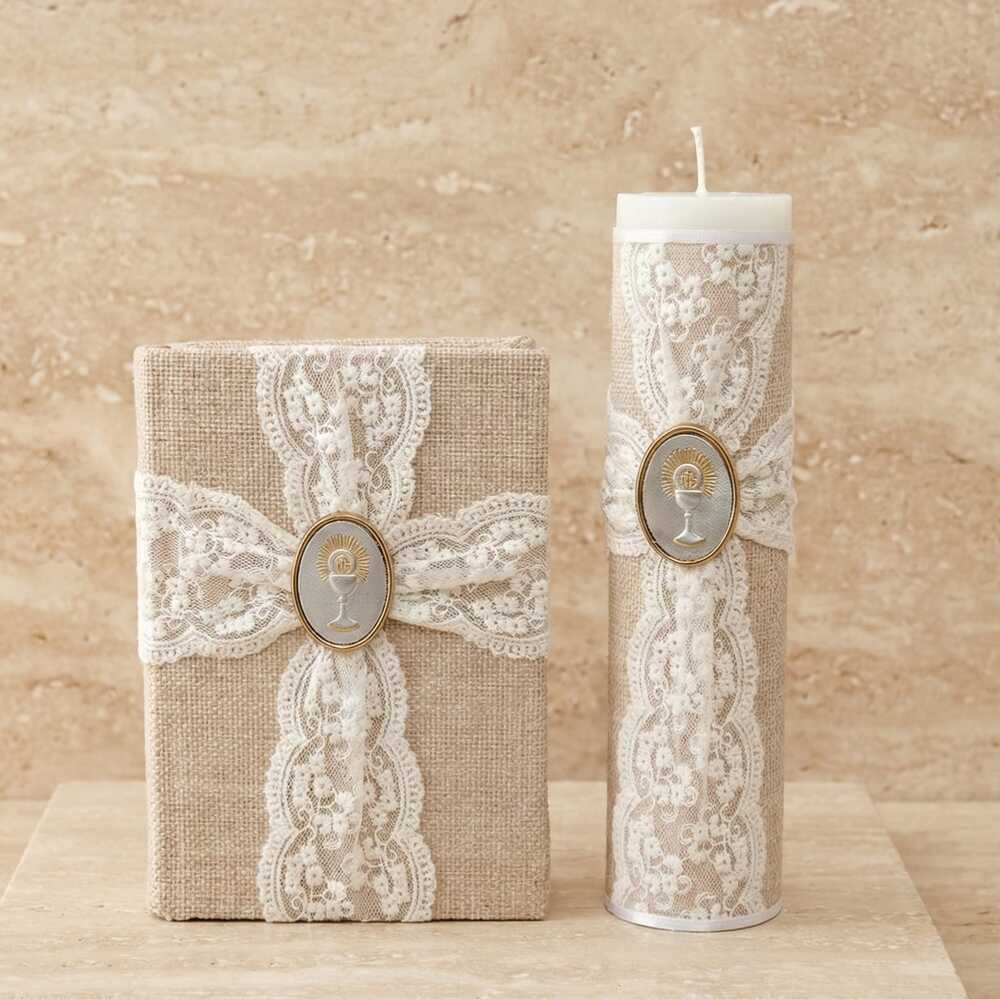 Kit de Pimera Comunión Artesanal,Elegancia en Yute y Encaje Blanco