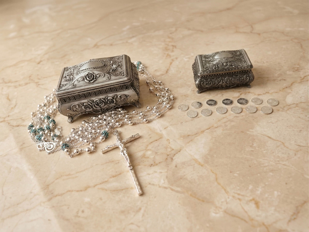 Kit de Lazo Flower Blue, Arras de Plata Fina Chicas y Cofres.