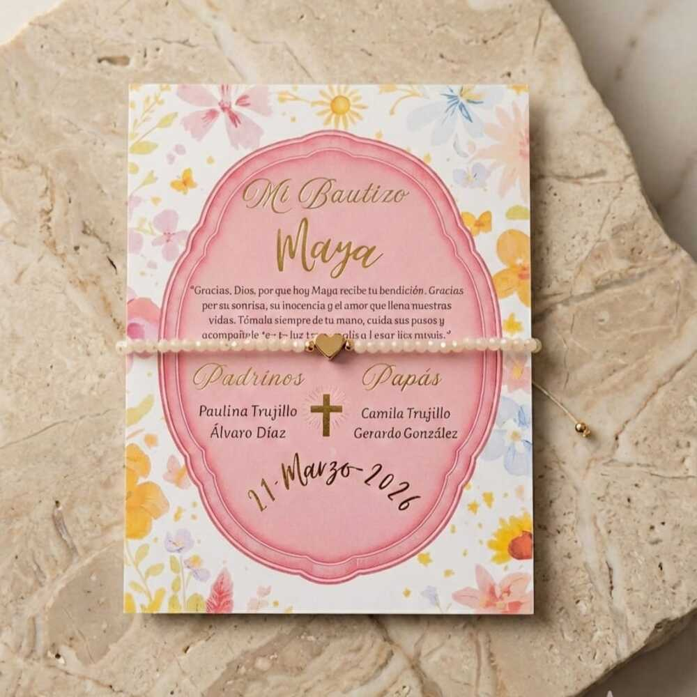 Pulsera Blanca para Bautizo, Corazón de Cristal