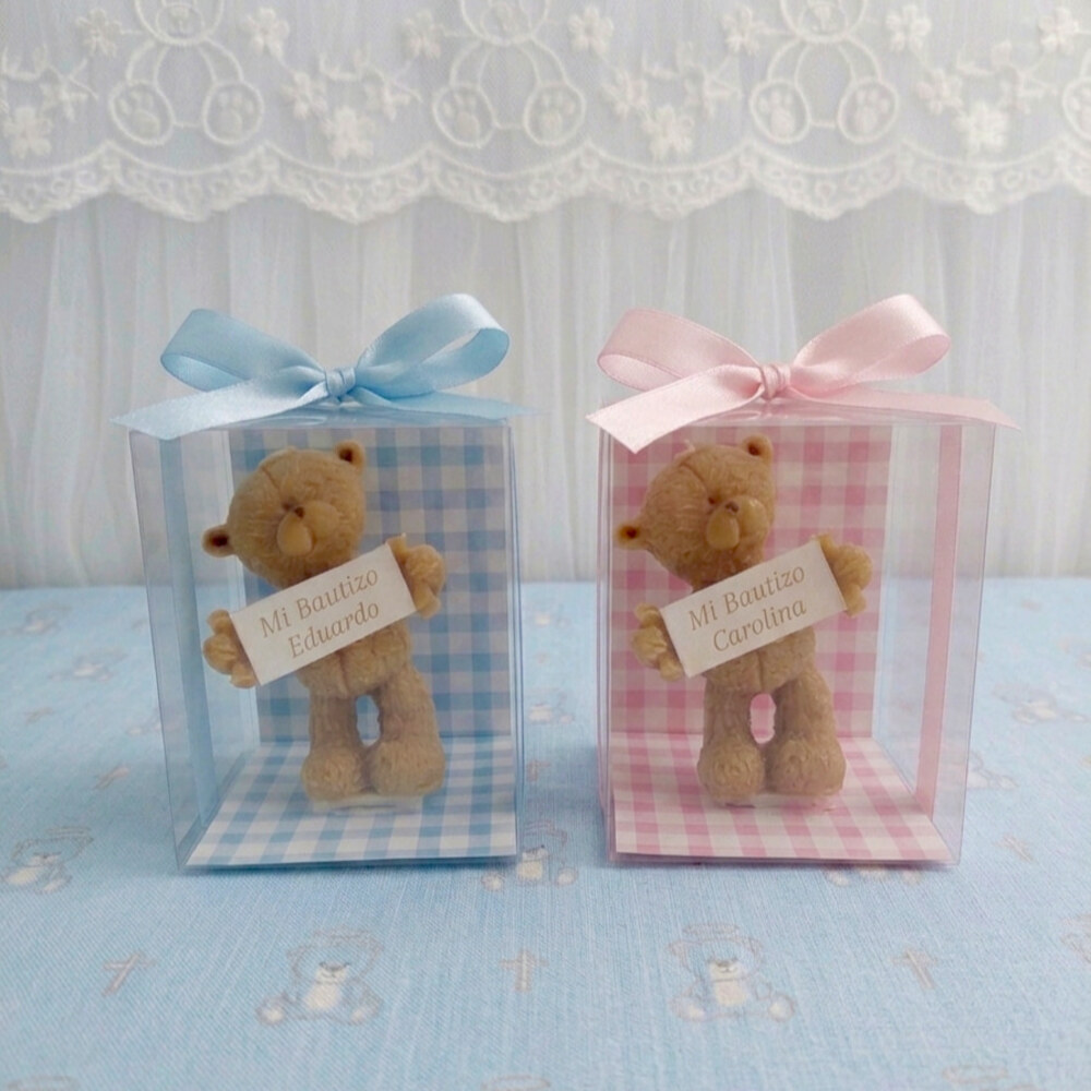 Recuerdo Vela de Bautizo de Ositos con Cartel, para Niña y Niño