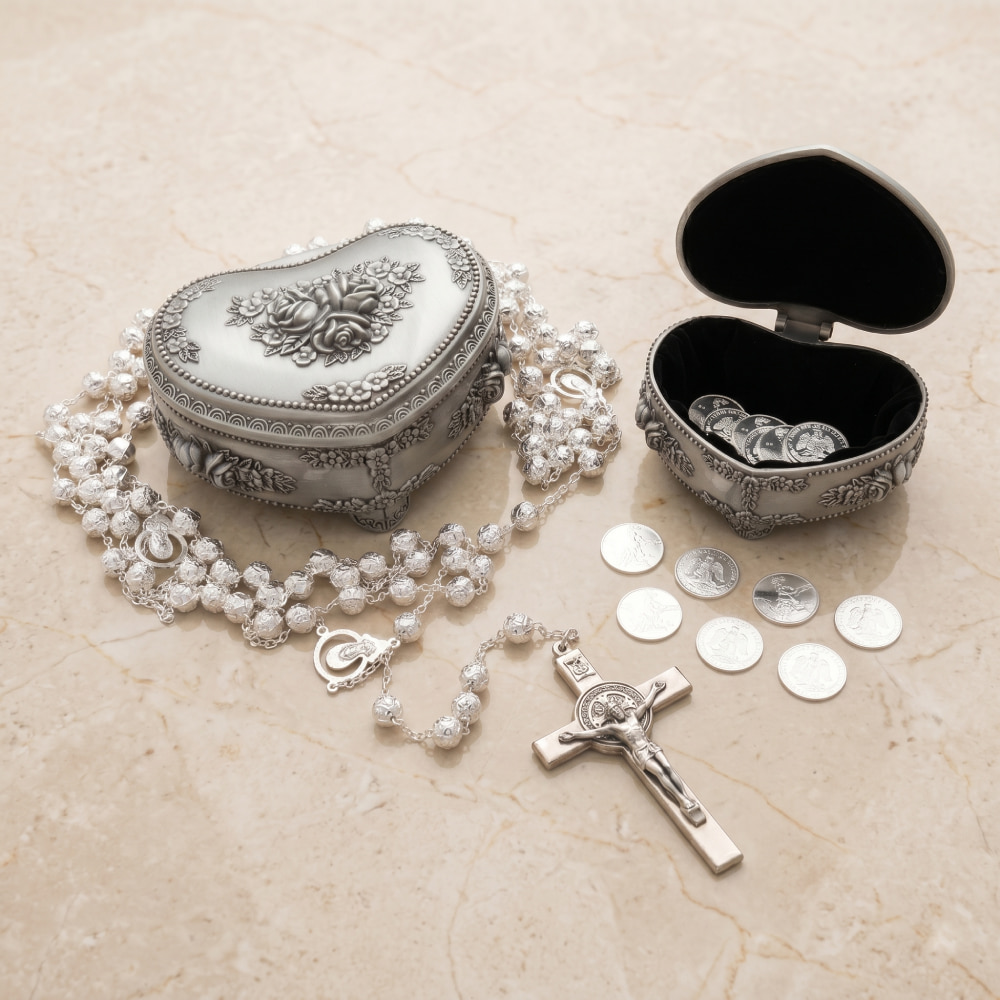 Set de arras, cofres pewter Floral heart y lazo Rose Silver cruz San Benito