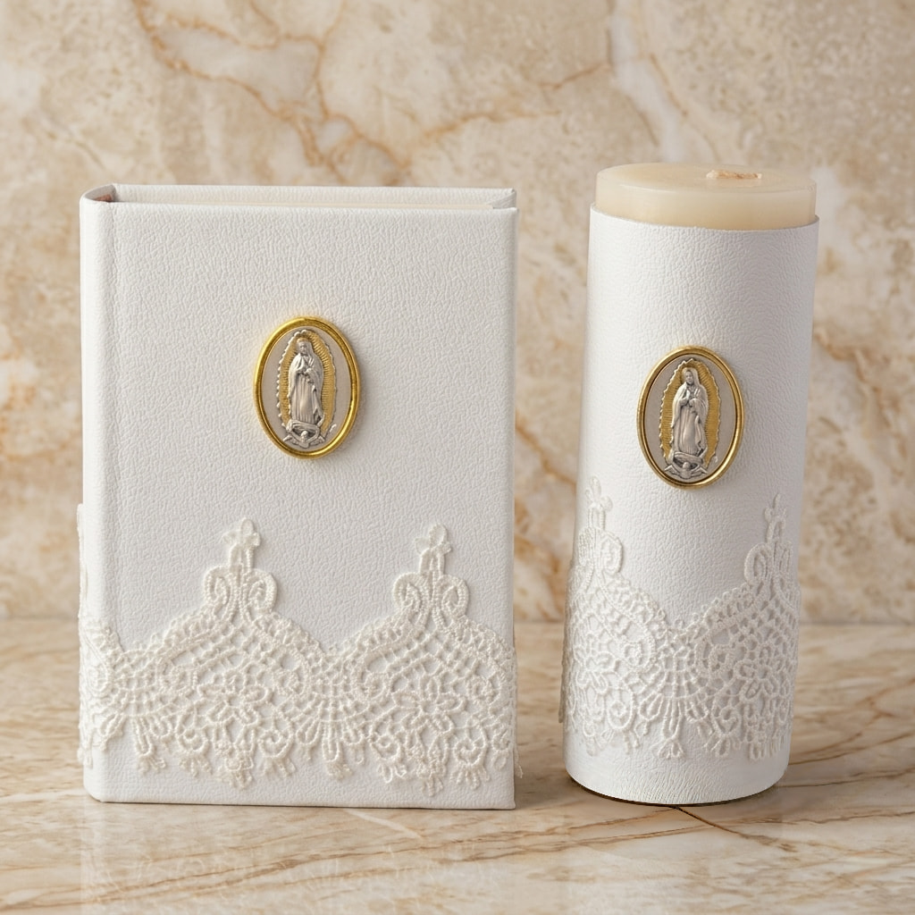 Biblia y Cirio, plata Italiana y piel, Virgen de Guadalupe