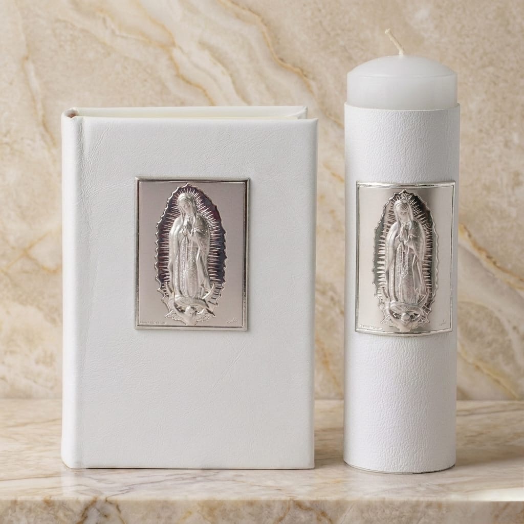 Biblia y Cirio Virgen de Guadalupe, Plata Italiana y piel
