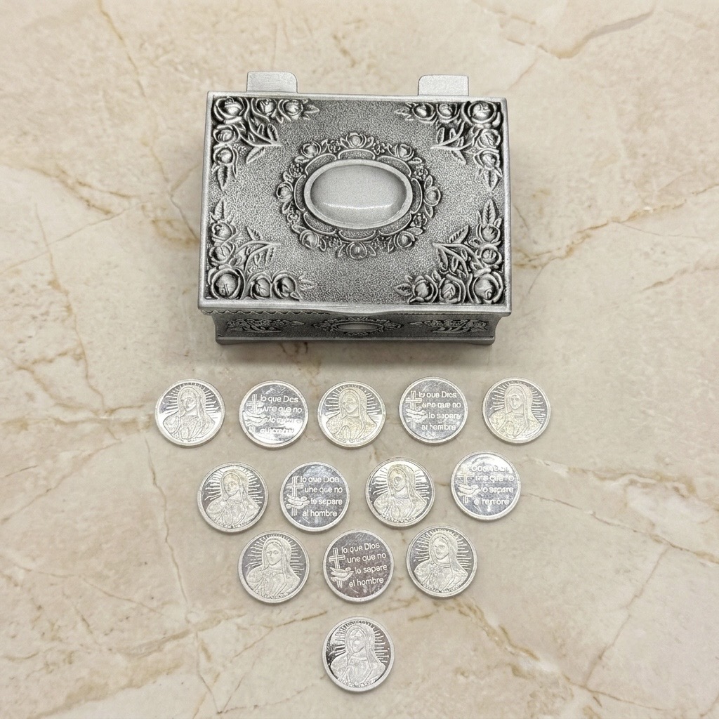 Cofre Fedora con arras Virgen de Guadalupe (Busto) Plata pura, 15mm.