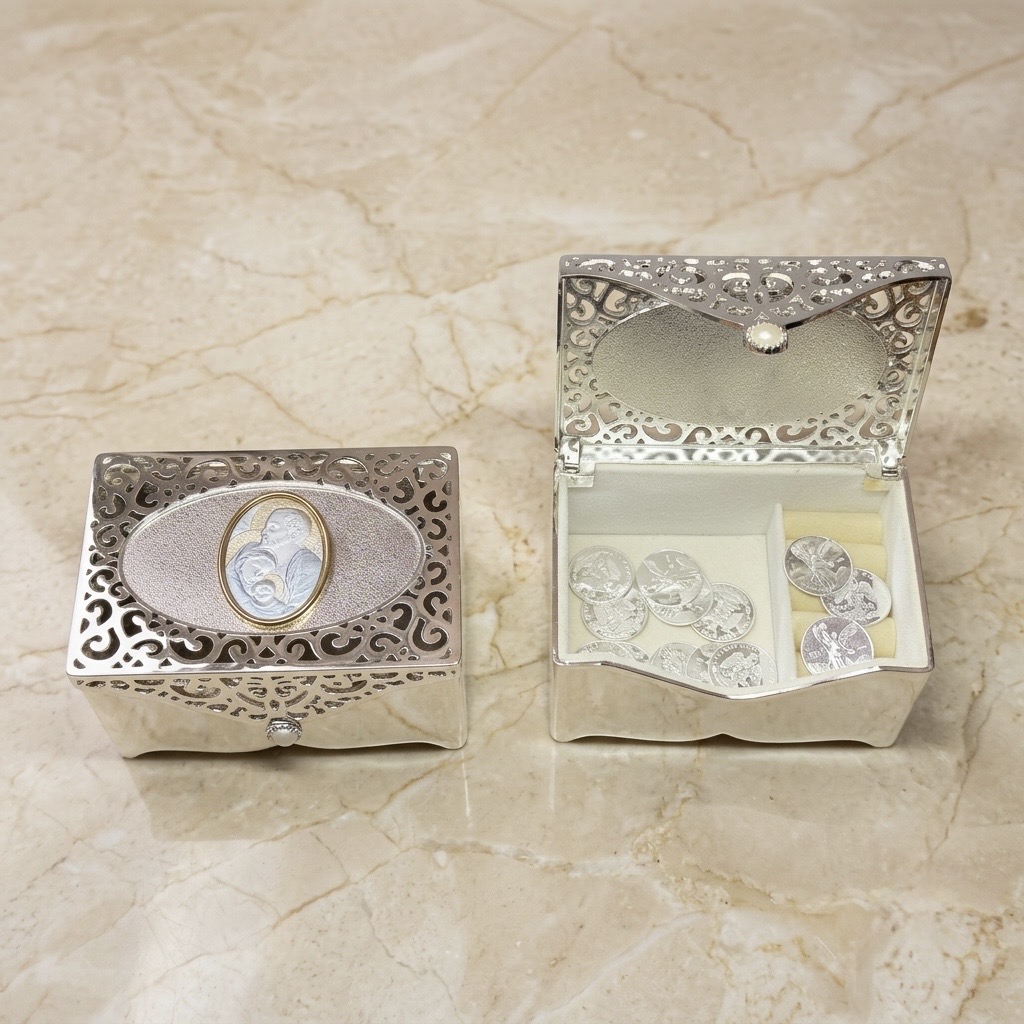 Cofre Luxory, Sagrada familia, imagen en plata laminada, Arras Centenario, 18 mm.