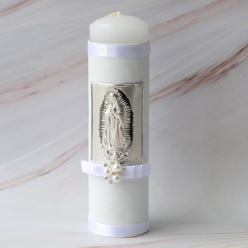 Biblia de Boda Chica y Cirio, Virgen en plata, forro en piel.
