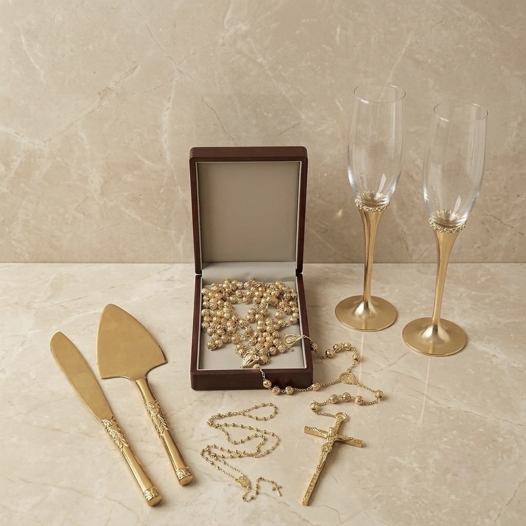 Paquete de Bodas de Oro, Accesorios para Bodas de Oro, Lazo, Copas, Rosario, Cofre y Set de Servicio.