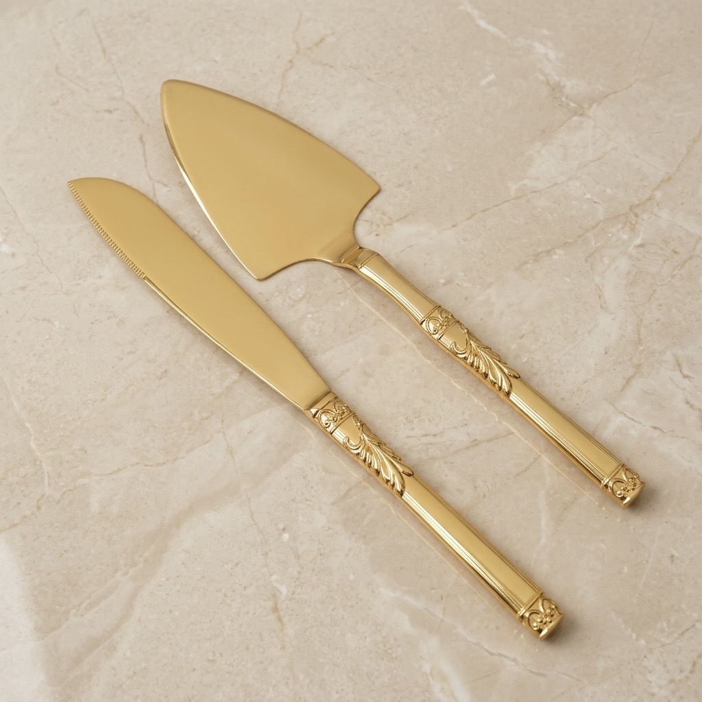 Set de Pala y Cuchillo Dorado para Pastel de Boda, "Eternidad".