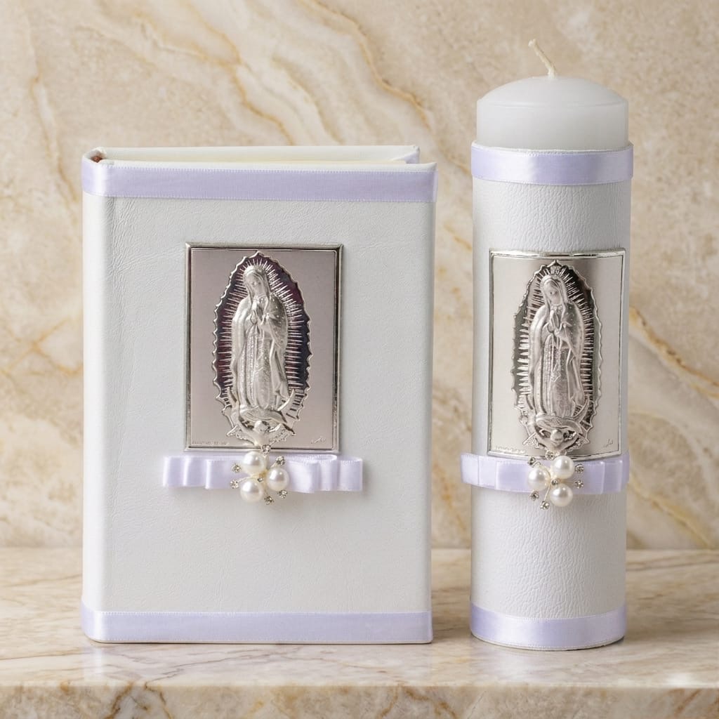 Biblia de Boda Chica y Cirio, Virgen en plata, forro en piel.