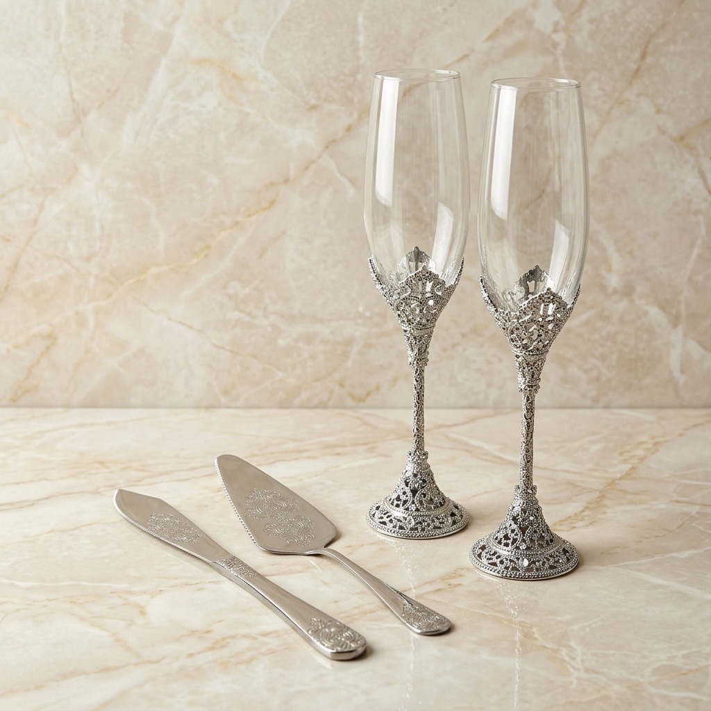 Paquete Elegancia Real, Copas y Set de Servicio para Bodas.